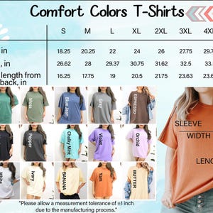 The image is a collage of various t-shirt designs, each with different colors and sleeve lengths. The collage includes a woman wearing a red t-shirt, and there are multiple images of women wearing different colored t-shirts. The image also includes a table with measurements for the t-shirt sizes, and a caption that reads "Please allow a measurement tolerance of +1 inch due to the manufacturing process."