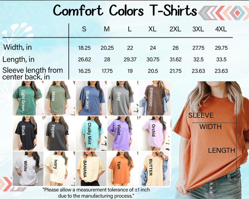 The image is a collage of various t-shirt designs, each with different colors and sleeve lengths. The collage includes a woman wearing a red t-shirt, and there are multiple images of women wearing different colored t-shirts. The image also includes a table with measurements for the t-shirt sizes, and a caption that reads "Please allow a measurement tolerance of +1 inch due to the manufacturing process."