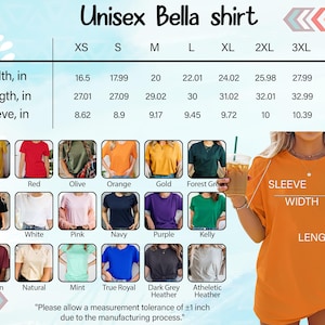 The image is a collage of various t-shirt designs, including different colors and styles, along with measurements and descriptions for each design.