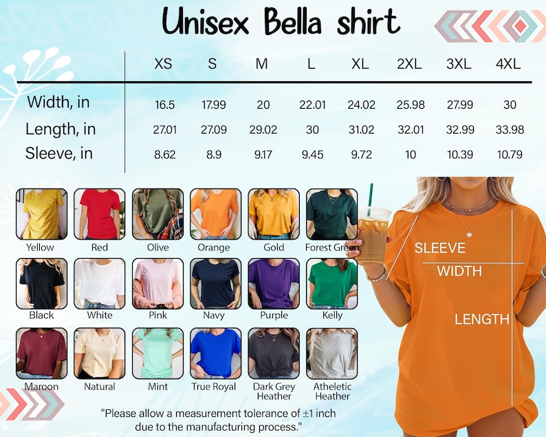 The image is a collage of various t-shirt designs, including different colors and styles, along with measurements and descriptions for each design.