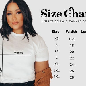 May include: Size chart for unisex Bella + Canvas 3001C t-shirts. The chart shows the width and length measurements in inches for sizes XS to 3XL.