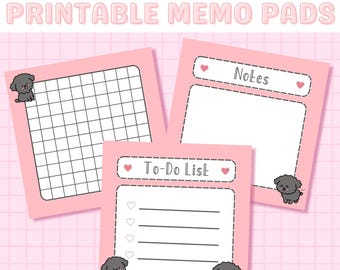 Arkusze do notatek Kawaii do druku, słodkie bloczki do notatek do pobrania w wersji cyfrowej, artykuły papiernicze Kawaii, artykuły papiernicze szczeniaka, notatnik Kawaii, estetyczne artykuły papiernicze