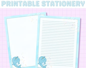 Kawaii Narwhal Stationery Printable, Cute Narwhal, Kawaii Stationary, Printable Lined Letter Paper, Printable Stationary, Narwhal Prints