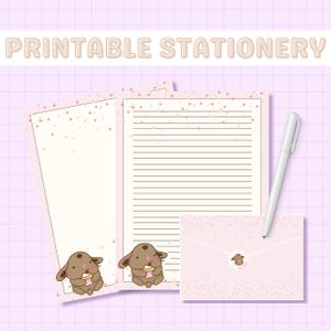 Conjunto de papelaria de coelhinho fofo para impressão, papel de coelho, papel de carta Kawaii, papel de carta forrado e sem forro para impressão com envelope, kit de correspondência