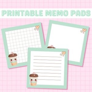 Pode incluir: Três blocos de notas imprimíveis com fundo verde claro e um design de xícara de café de desenho animado fofo. Os blocos de notas têm estilos diferentes: um com uma grade, um com linhas e um em branco.