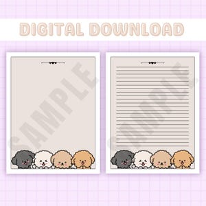 May include: Printable digital download of a lined paper template with a row of cute cartoon poodle dogs at the bottom. The paper is beige with black lines and a black line with three hearts at the top.