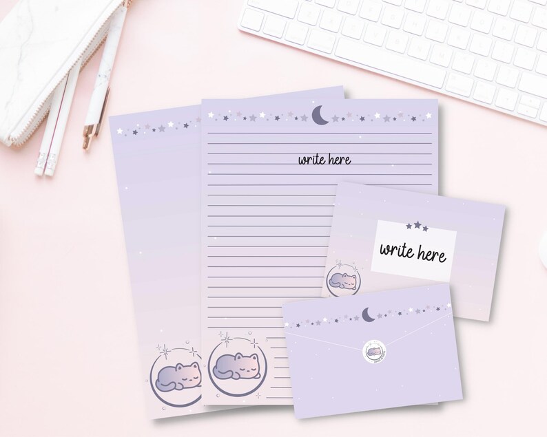Cute Cat Stationery Bundle Printable, Cat Stationary, Kawaii Stationary