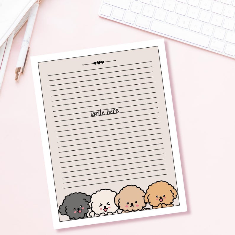 May include: A lined sheet of paper with the words "write here" in black text. The bottom of the page features four cartoon dogs with different colored fur, peeking out from behind the bottom edge of the paper.