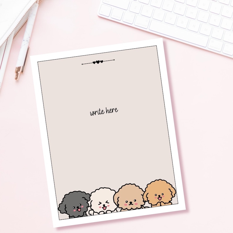 May include: A printable notepad with a light gray background and the text "write here" in black. The bottom of the page features four cartoon poodle dogs in black, white, brown, and beige.