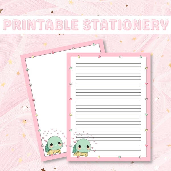 Kawaii Turtle Stationery Printable, Cute Turtle, Kawaii Stationary, Printable Lined Letter Paper, Cute Stationary, Pastel Aesthetic