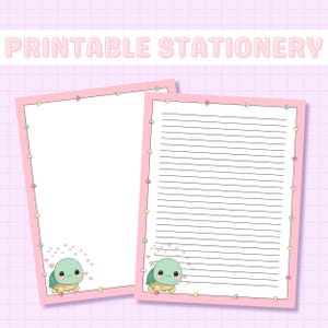 Papelería de tortuga Kawaii imprimible, tortuga linda, papelería Kawaii, papel de carta forrado imprimible, papelería linda, estética pastel