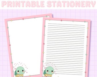 Kawaii Turtle Stationery Printable, Cute Turtle, Kawaii Stationary, Printable Lined Letter Paper, Cute Stationary, Pastel Aesthetic