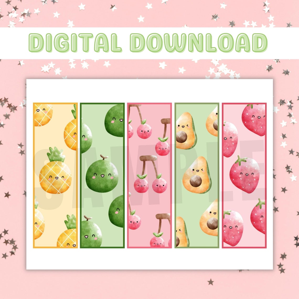 Kawaii Printable Bookmarks, 5 Fruits Bookmarks Digital Download, Kawaii ...