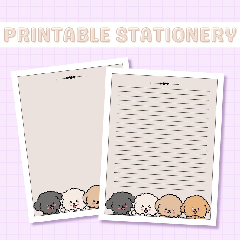 May include: Printable stationery featuring a lined sheet of paper with a border of cute cartoon dogs. The dogs are black, white, brown, and orange. The paper has a light brown background and black lines.