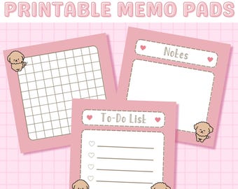 Arkusze do notatek Kawaii do druku, słodkie bloczki do notatek do pobrania w wersji cyfrowej, artykuły papiernicze Kawaii, artykuły papiernicze szczeniaka, notatnik Kawaii, estetyczne artykuły papiernicze
