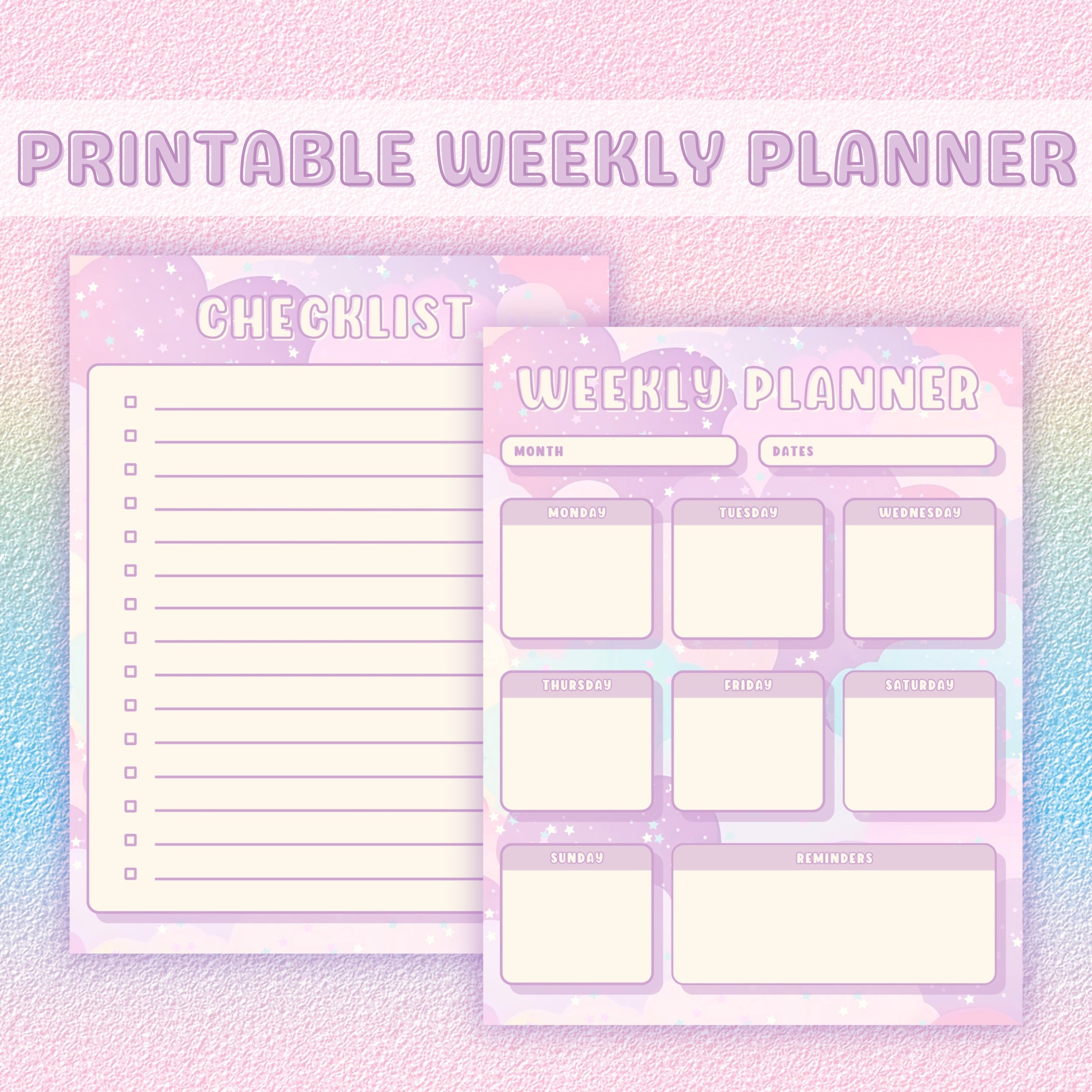 Purple Clouds Weekly Planner With Checklist, Stationery Printable ...