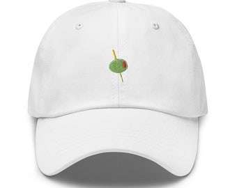 Olive Hat - Manzanilla, Spanish, Pimento Stuffed Olive with Toothpick -Cotton Embroidered  Cap - Dad Fit