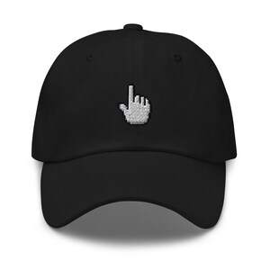May include: A black baseball cap with a white embroidered cursor pointing upwards.