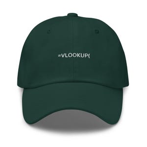 May include: A dark green baseball cap with the text "=VLOOKUP()" embroidered in white on the front.
