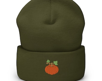 Pompoenbeanie - herfst-, herfsthoed - geborduurd en omgeslagen + hypoallergeen - meerdere kleuren