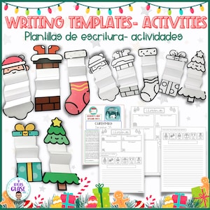 Puede incluir: Plantillas y actividades de escritura de Navidad para niños. Las hojas de trabajo imprimibles presentan una variedad de temas festivos, que incluyen Papá Noel, un árbol de Navidad y una media. Las plantillas incluyen indicaciones de escritura, organizadores gráficos y papel rayado para escribir.