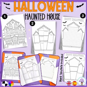 Puede incluir: Plantilla de casa encantada de Halloween imprimible en blanco y negro para escribir historias. La plantilla incluye secciones para el título, los personajes, el problema, la solución, el escenario, los eventos, el principio, el medio y el final. La plantilla está diseñada para ser doblada y pegada para crear una casa encantada en 3D.