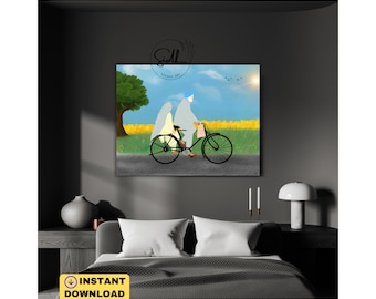 Elderly Sikh Couple Bicycle Ride Illustration, Punjabi Decor (Digital Download)