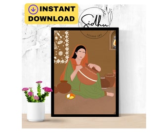 Niña punjabi pintando una maceta de barro, decoración india para el hogar (descarga digital)