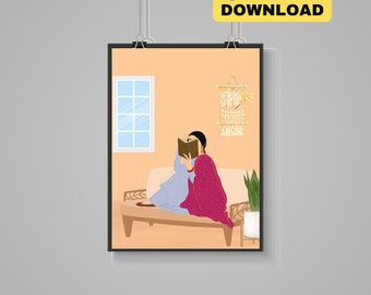 Indian Girl Reading Painting, Desi Dark Academia Decor, Punjabi Suit Art, South Asian Library Poster, Bookish Gift for Her, Digital Print