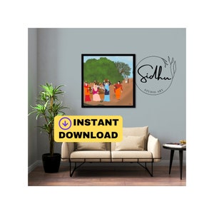 Punjabi village scene, woman fetching water from traditional well, punjabi folk wall art,