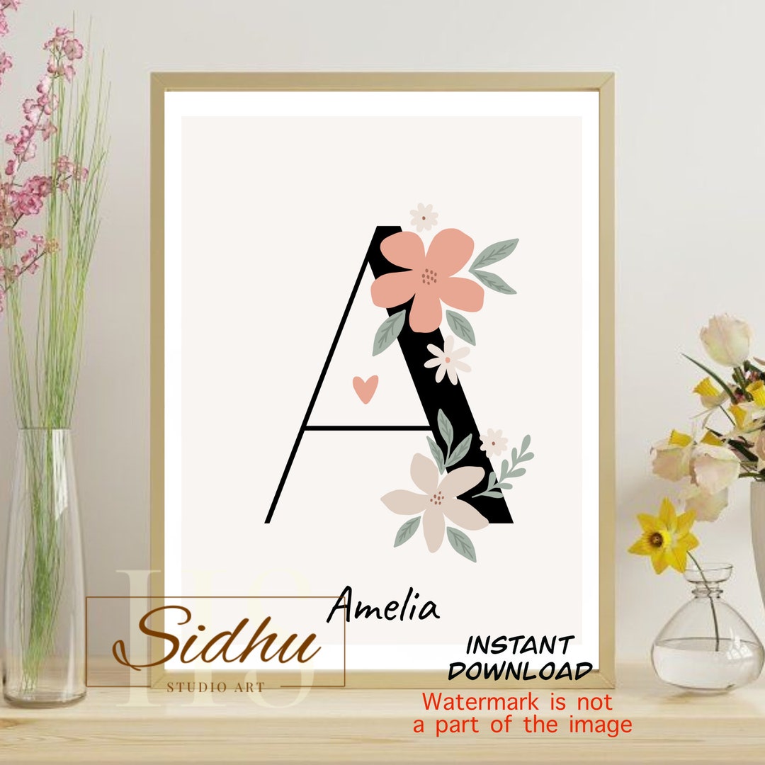 Floral Initial Nursery Art – Custom Baby Name Print (digital Download ...