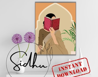 Indian Woman Reading Art Print, South Asian Decor (Digital Download)