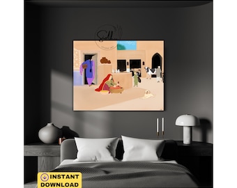 Punjabi Village Life Illustration, Vintage Indian Home Decor (Digital Download)