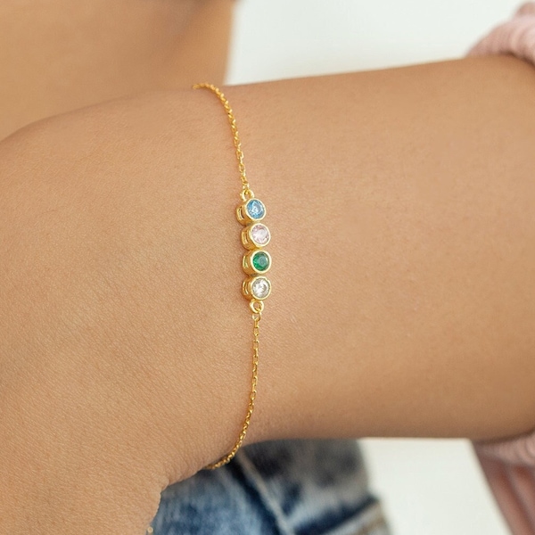 Custom Birthstone Bracelet, Gold Silver Birthstone Bracelet, Dainty Family Bracelet, Personalized Gemstone Mothersday Gifts for Mom Grandmas