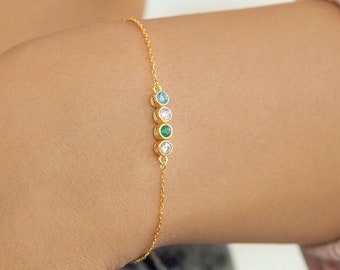 Custom Birthstone Bracelet, Gold Silver Birthstone Bracelet, Dainty Family Bracelet, Personalized Gemstone Mothersday Gifts for Mom Grandmas