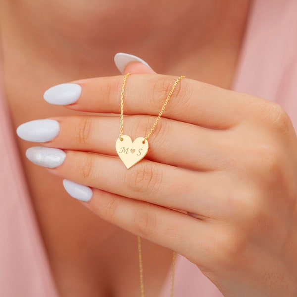 Engraved Heart Necklace, Personalized Heart Letter Necklace, Heart Name Necklace, Dainty Gold Heart Necklace, Anniversary Gift