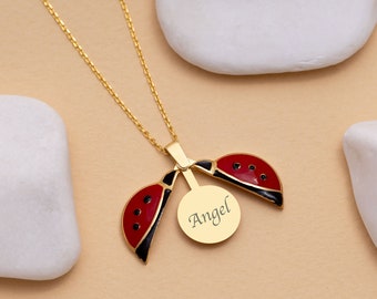 Openable Gold Ladybug Name Necklace, Personalized Ladybug Letter Necklace, Engraved Pendant,  Christmas Anniversary Birthday Gifts for Her