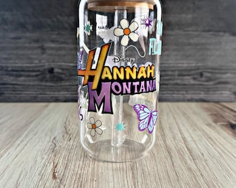 Hannah Montana Glass Tumbler – 16 oz Iced Coffee Cup with Bamboo Lid & Straw | 2000s Disney Nostalgia Drinkware | Retro Gift for Her