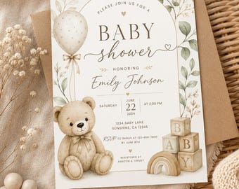 Teddy Bear Baby Shower Invitation Template, Neutral Beige Invite, Watercolor Bear, ABC Blocks & Boho Rainbow