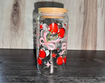 Cherry Glass Can Tumbler | Coquette Aesthetic Coffee Cup | Cute Retro Cherry Cup | Summer Drinkware | 16oz Glass Tumbler with Straw