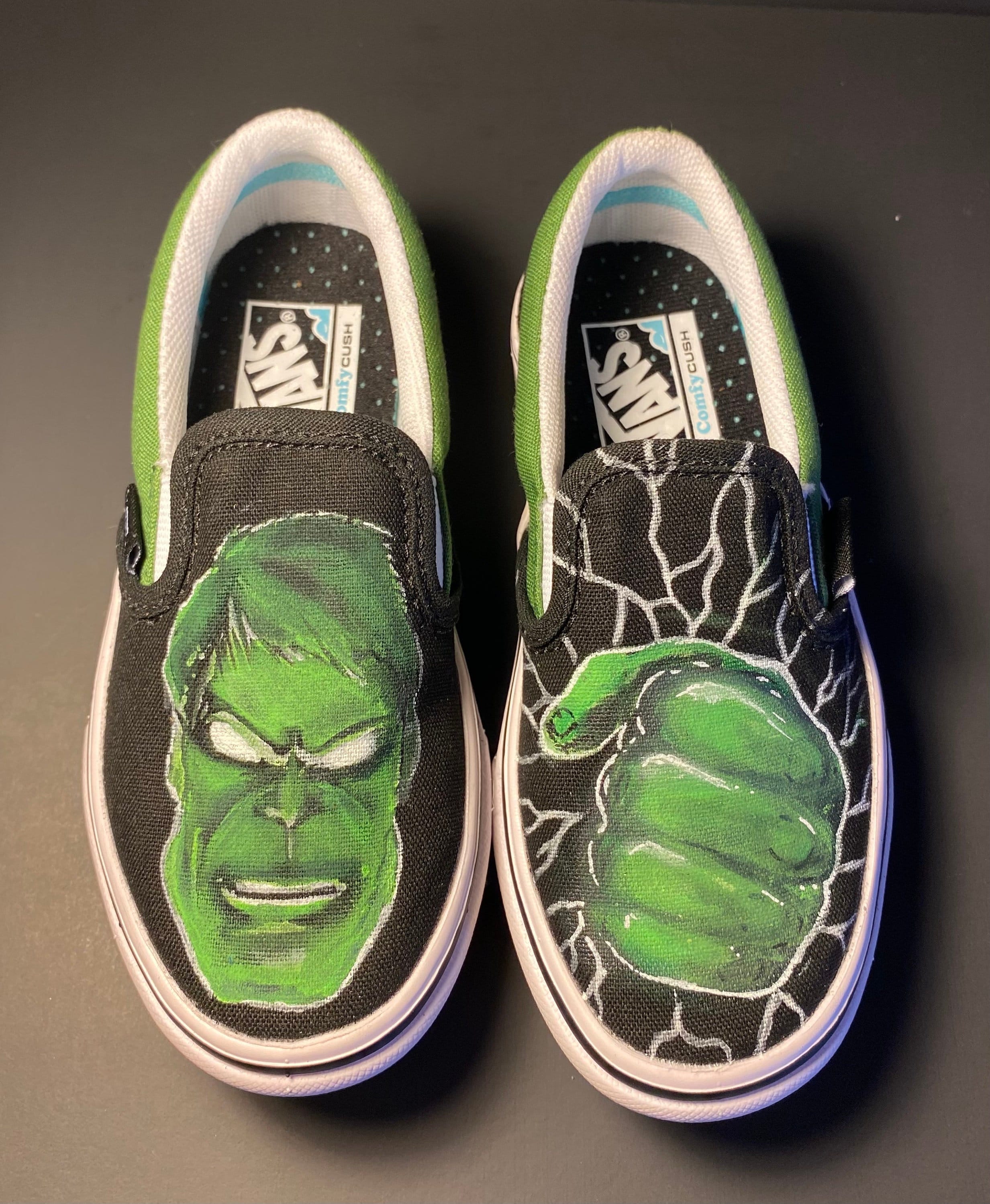 Custom VANS Shoes Hand Drawn and Painted Slip On Mens 11~ Hulk Hogan WWE.