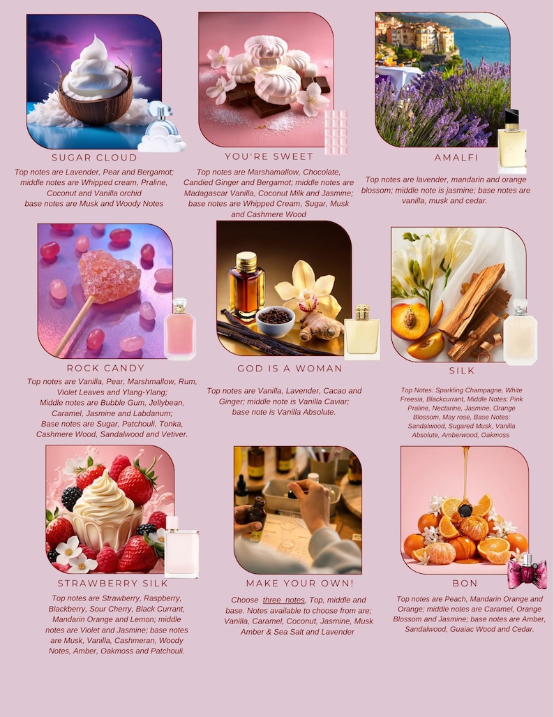 May include: A collection of eight perfume fragrance profiles displayed in rectangular panels. Each panel features a scent name, a list of top, middle, and base notes, and a corresponding perfume bottle alongside imagery of ingredients like fruit, flowers, and sweets.
