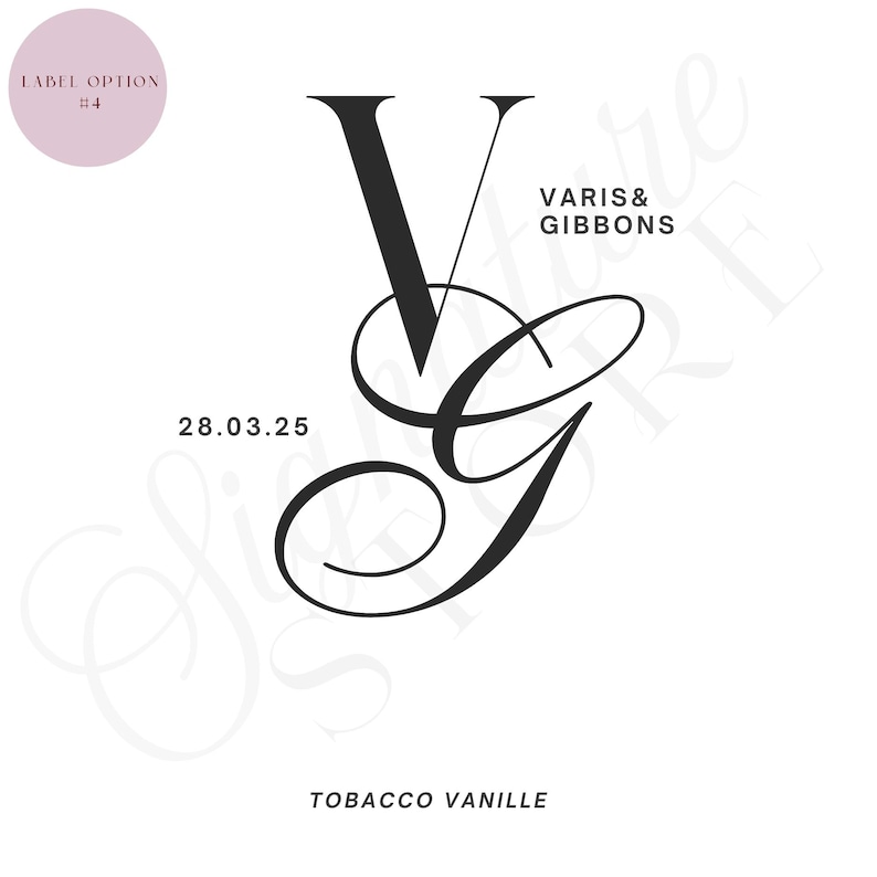 May include: A black and white graphic design featuring the large letters V and G in a stylized serif and script font. The text Varis & Gibbons, the date 28.03.25, and the words Tobacco Vanille are printed in a clean sans-serif font.
