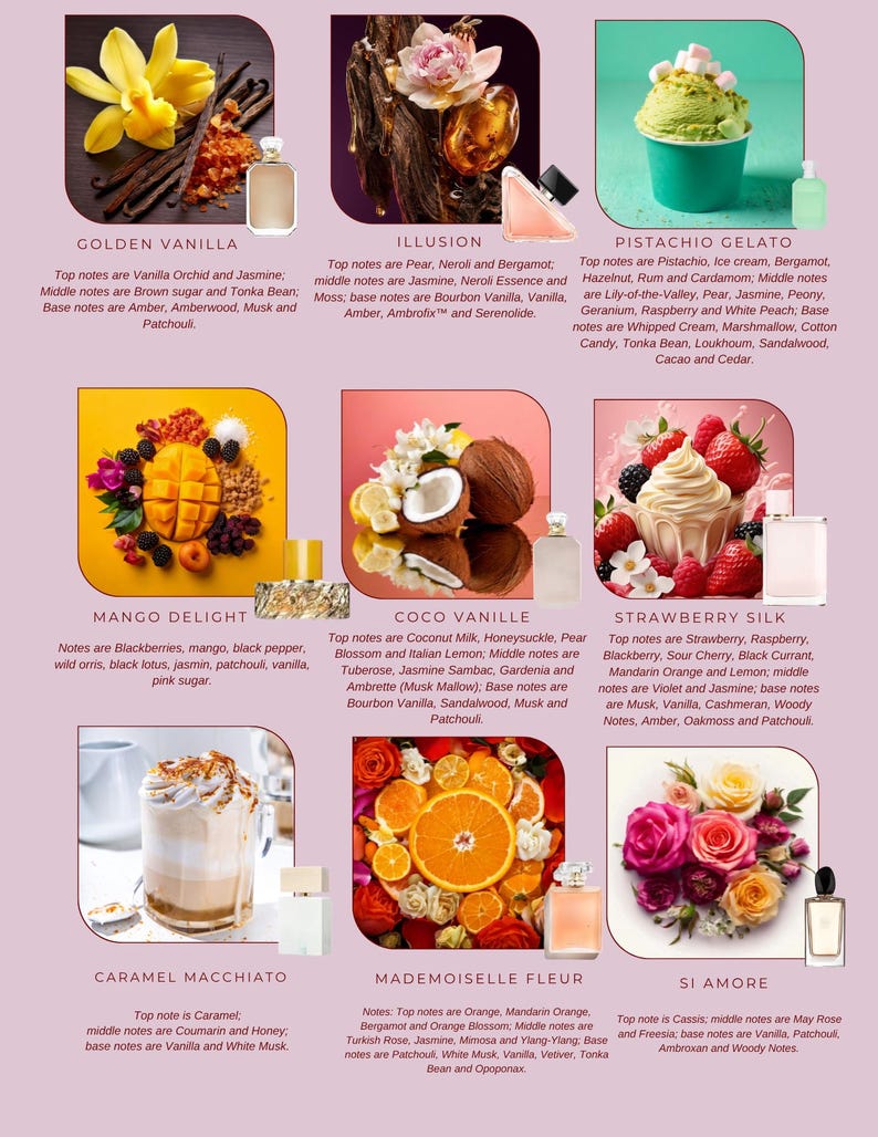 May include: A collection of nine perfume bottles displayed with their corresponding scent ingredients, including vanilla, pistachio gelato, mango, coconut, strawberry, caramel macchiato, citrus fruits, and floral arrangements, each labeled with its specific name.