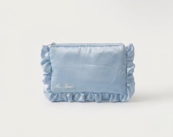 Personalised Blue Silk Makeup Bag | Custom Ruffled Cosmetic Pouch | Bridesmaid Proposal Gift | Signature Personalised Pouch