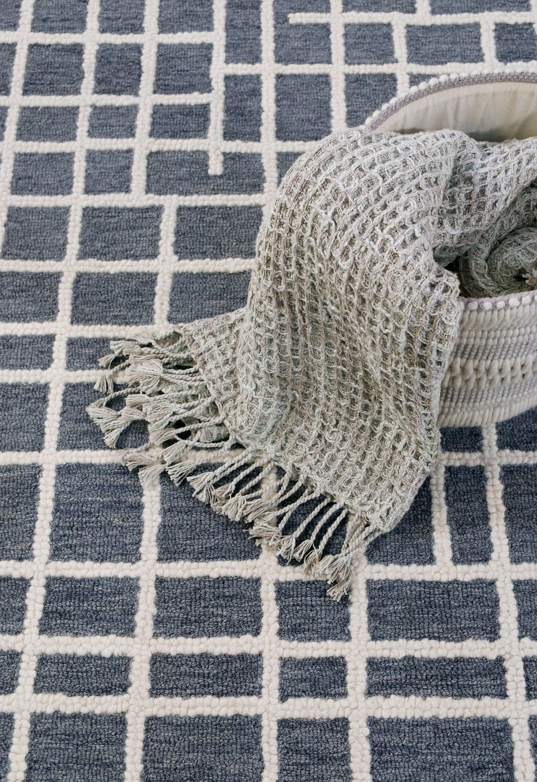 Custom WOOL RUG BLUE Checkered Rug Large Area Rug Handmade Etsy