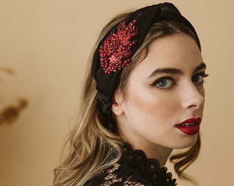 Black Luxury silk headband , handmade embellished headband, wedding guest silk headband, Black and red tiara, fancy  headband