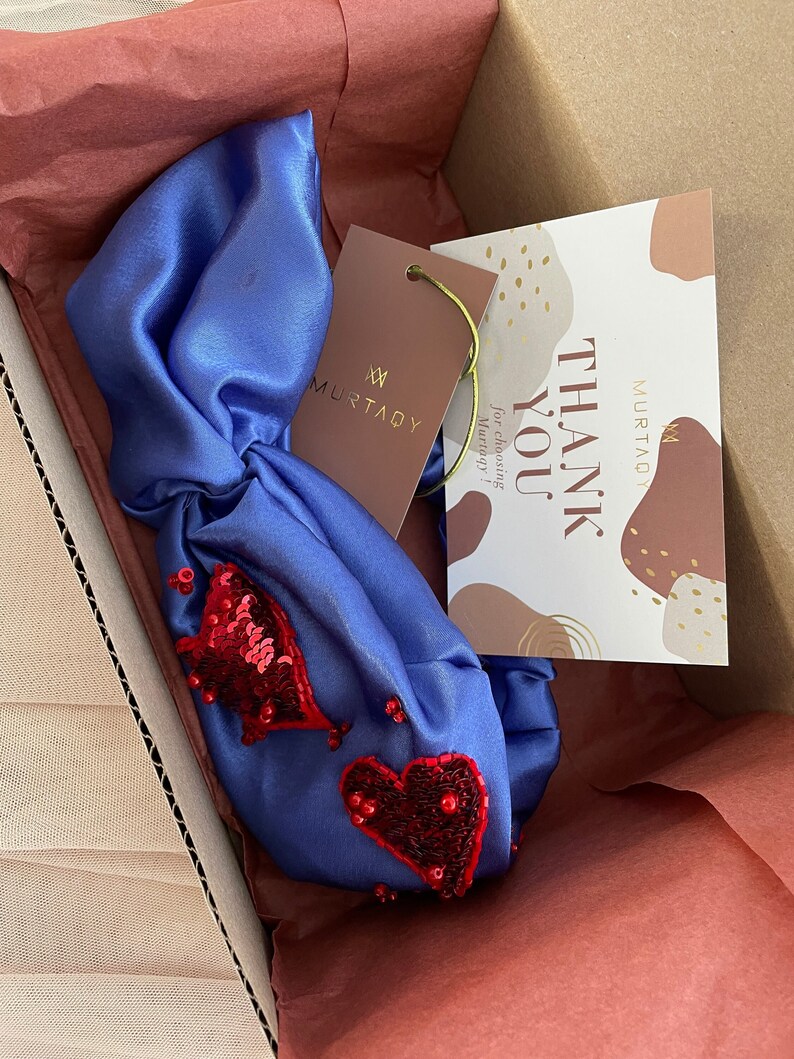 Wedding guest headband, Bachelorette luxury Headband, blue twisted Hair band, Red Heart Headband, silk fancy tiara, womens day gift image 5