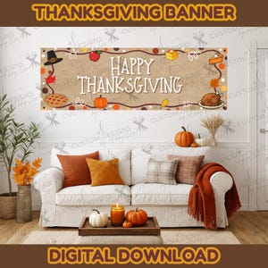 Pancarta de Acción de Gracias / PNG de 2x6 / Decoración de otoño / Letrero imprimible de Acción de Gracias / Descarga instantánea, Pancarta pintada a mano, Pavo de Acción de Gracias