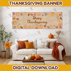 Banner de Feliz Día de Acción de Gracias / PNG de 2x6 / Decoración de postres de otoño / Imprimible de Acción de Gracias / Descarga instantánea, Banner pintado a mano, Friendsgiving